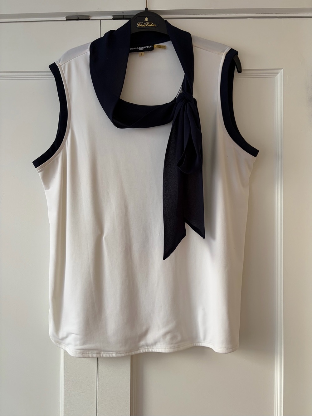 Karl Lagerfeld White Sleeveless Top with Navy Tie-Scarf Size L